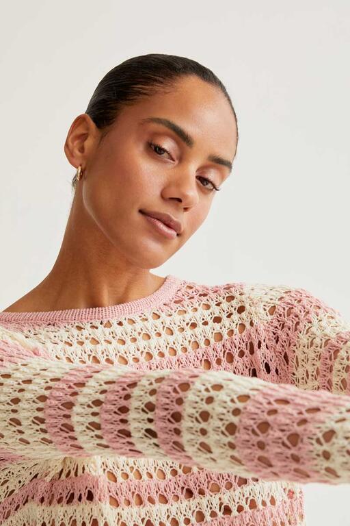 Top de punto calado con rayas blanco y rosa