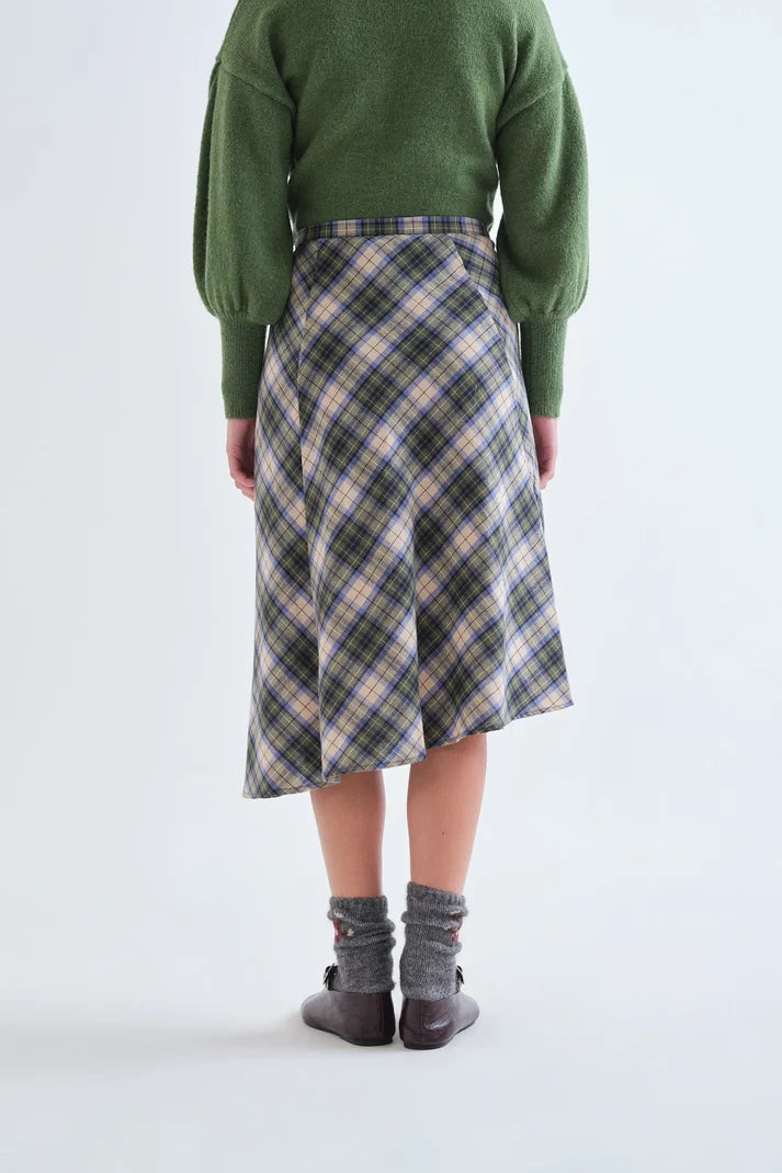 Falda midi 100% algodón con estampado de cuadros verde