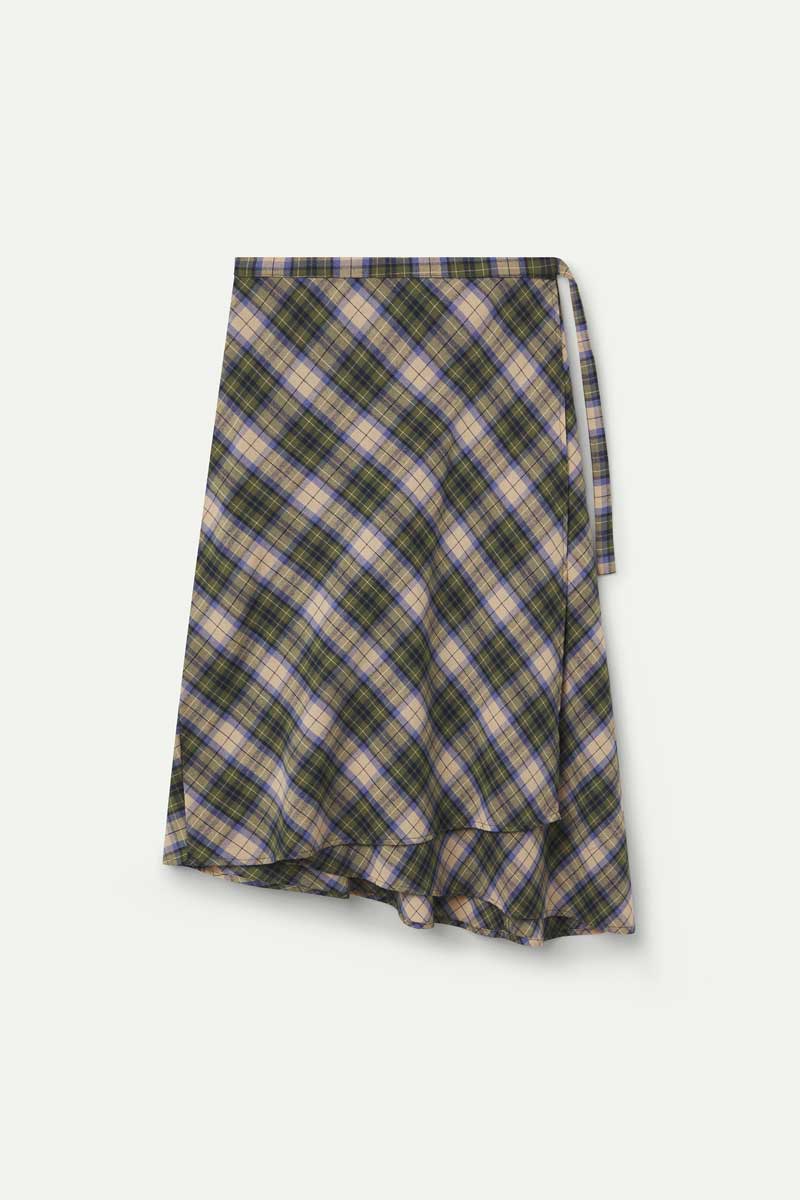 Falda midi 100% algodón con estampado de cuadros verde