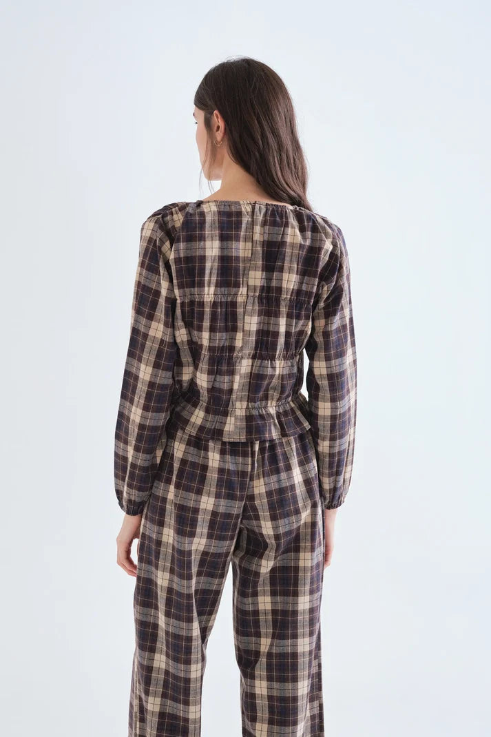 Top 100% algodón con estampado de cuadros marrón