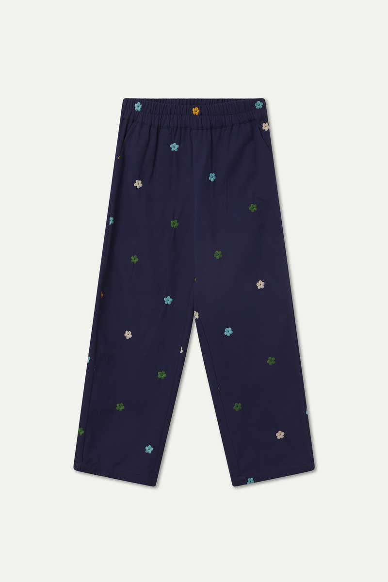 Pantalón 100% algodón azul marino  con bordado de flores