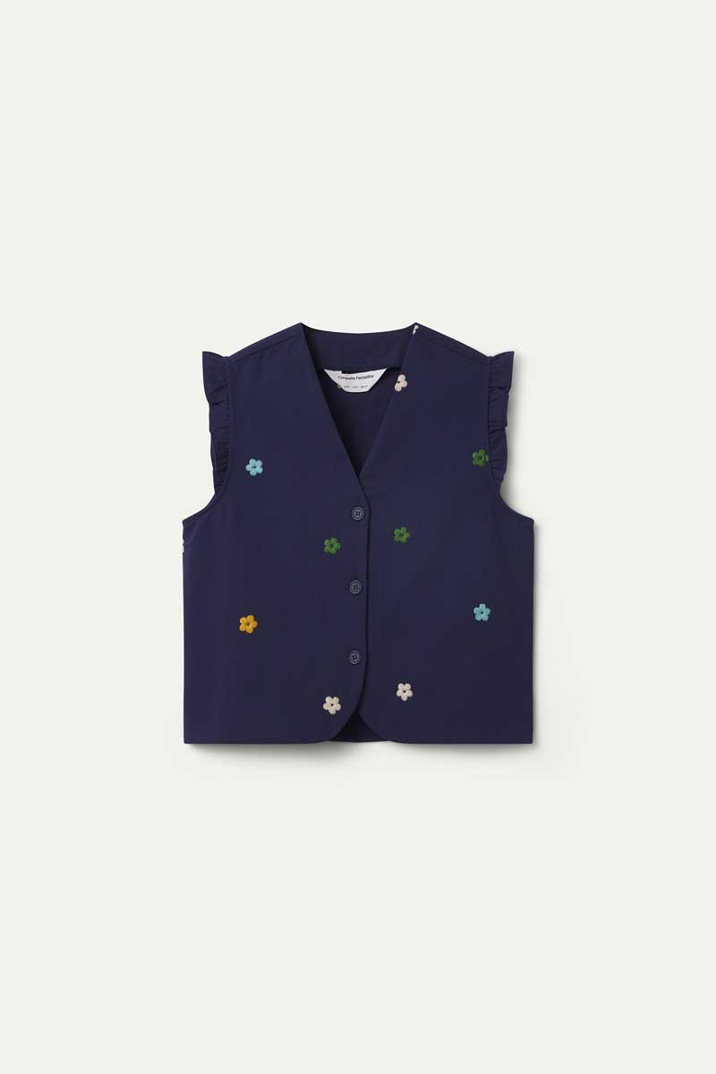 Chaleco 100% algodón azul marino con bordado de flores