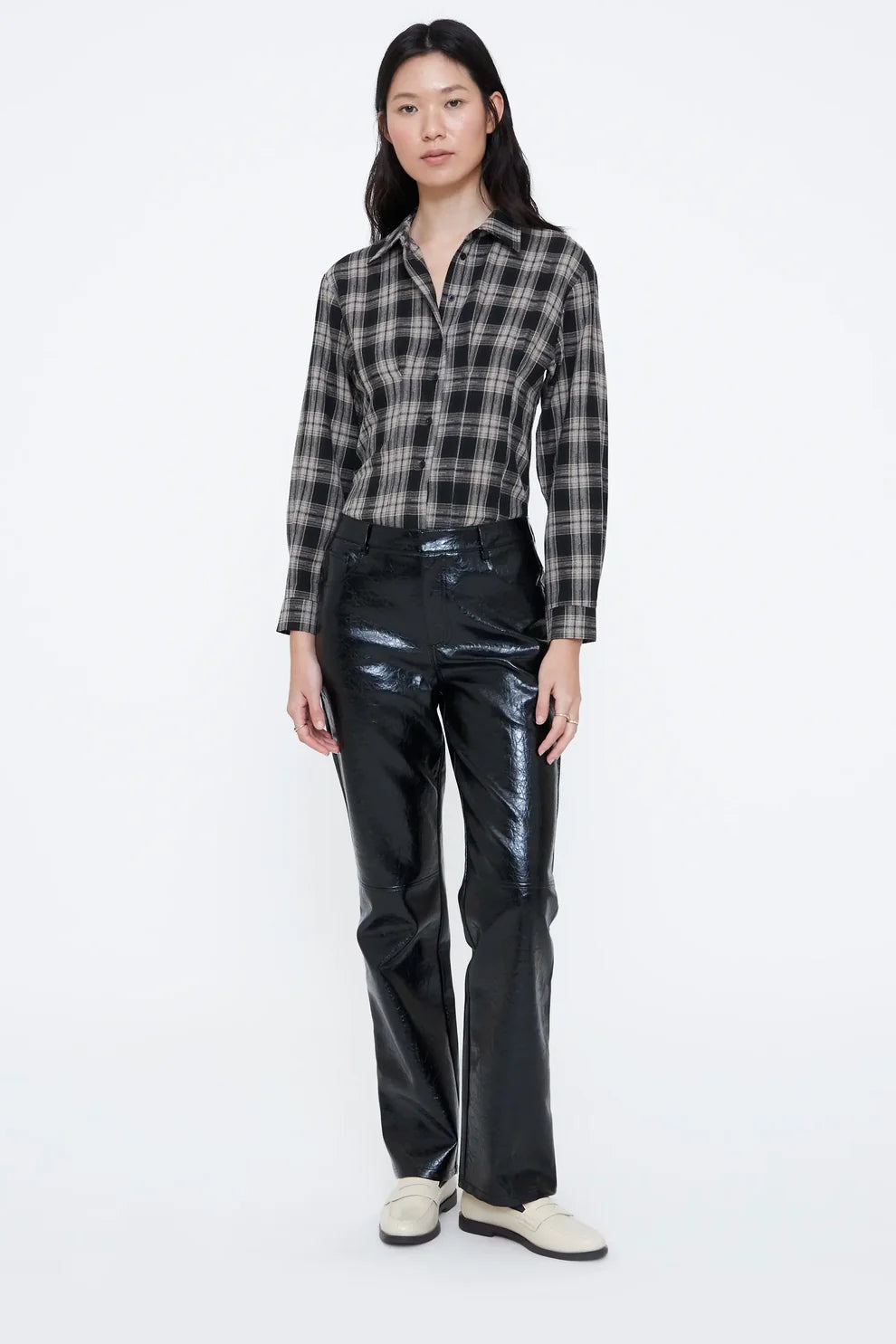 Camisa mezcla algodón con estampado de cuadros negro
