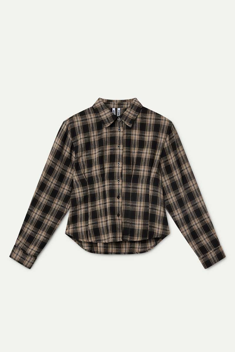 Camisa mezcla algodón con estampado de cuadros negro