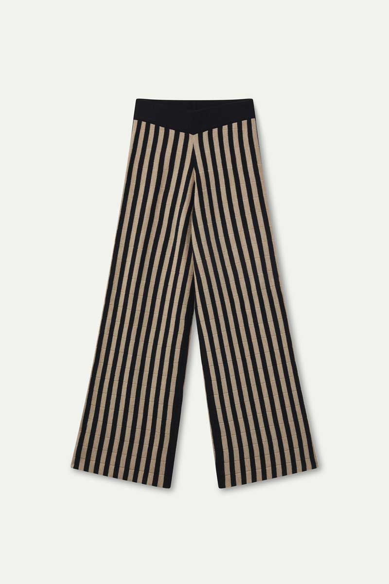 Pantalón punto con estampado de rayas negro y beig
