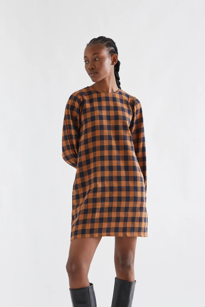 Vestido corto 100% algodón con estampado de cuadros marrón y azul marino